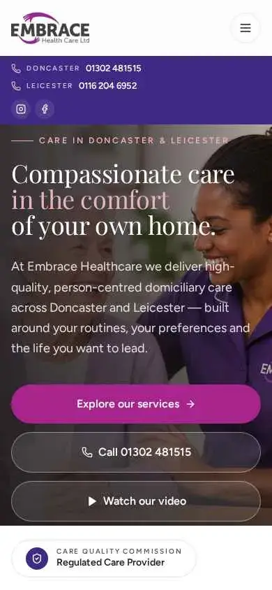 Embrace Healthcare website on mobile with click-to-call buttons