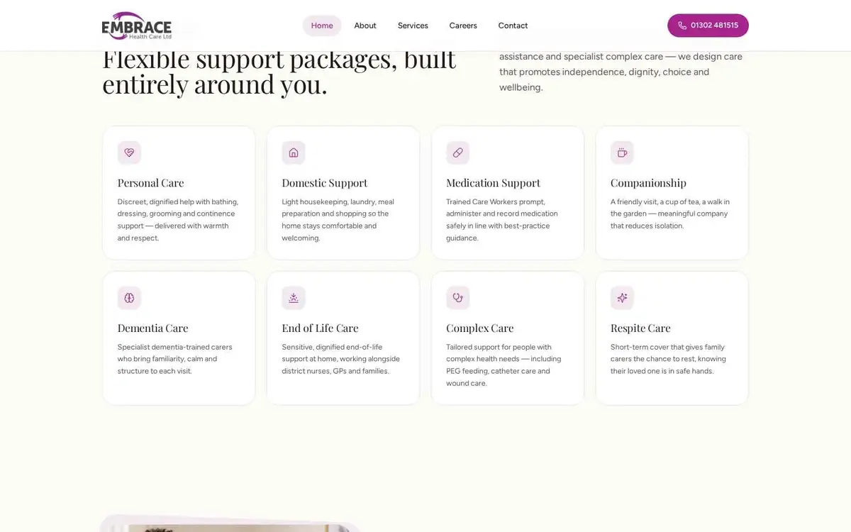 Embrace Healthcare services section showing eight care service cards